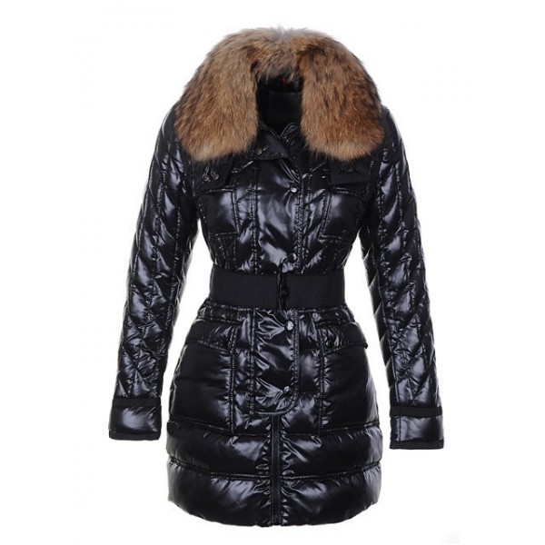 Moncler nero del collare della pelliccia e cintura cappotti lunghi Elegante Donna Outlet